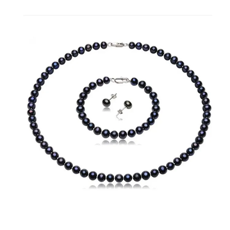 Women's 7mm Black Cultured Freshwater Pearl Jewellery Set