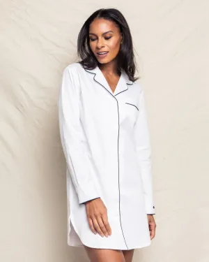Women's Twill Nightshirt | White with Navy Piping