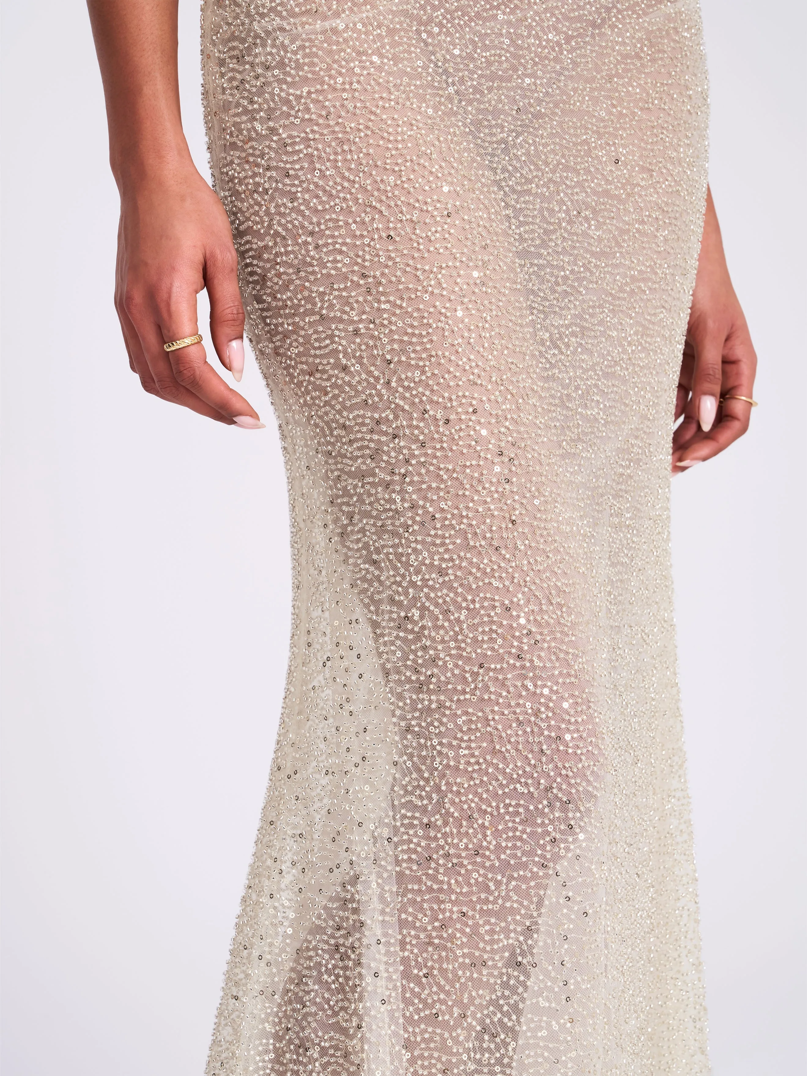 Zahya Lime Halter Backless Beaded Mesh Gown